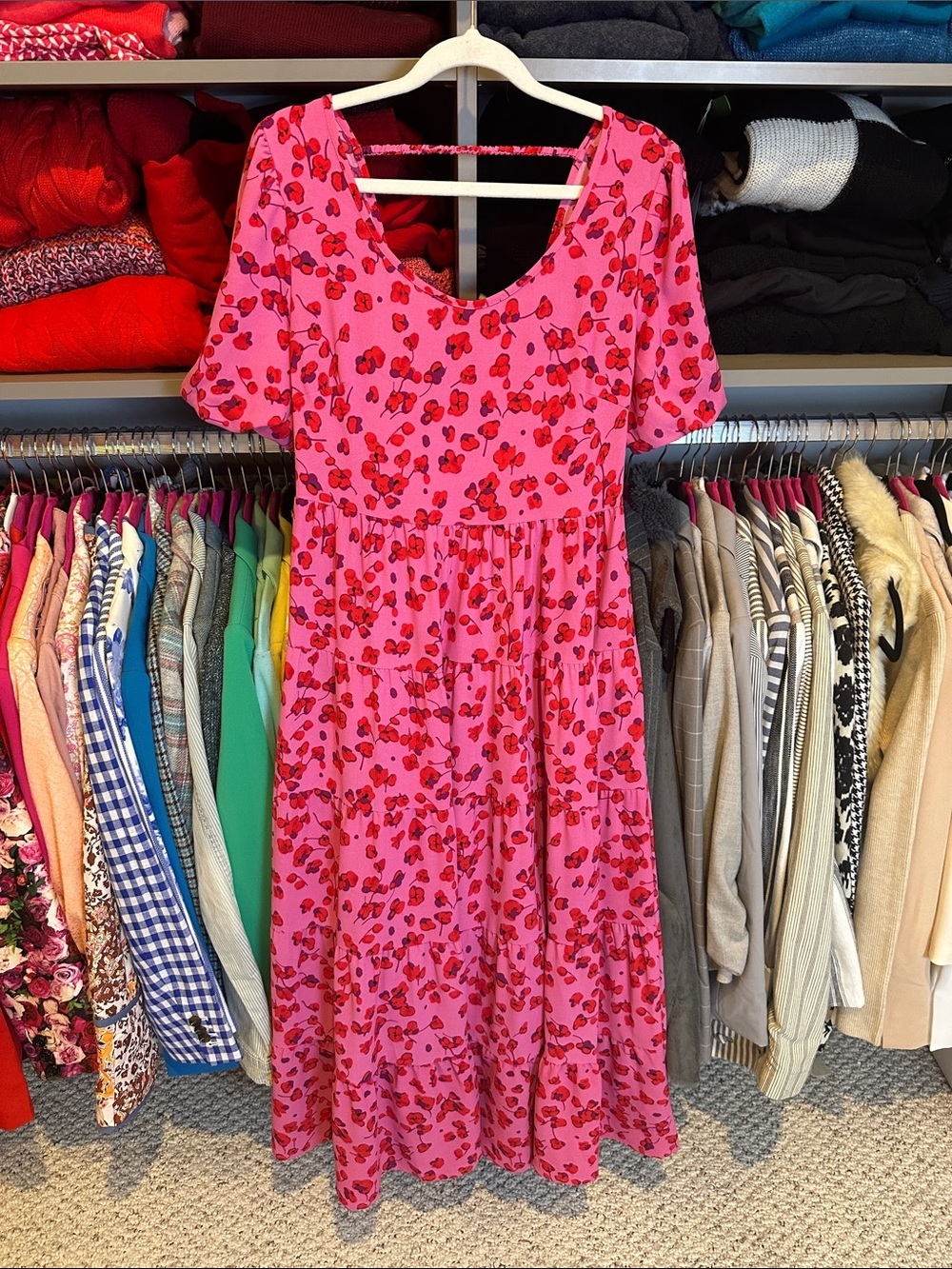 Fashion pink/red short sleeve smocked midi dress size S